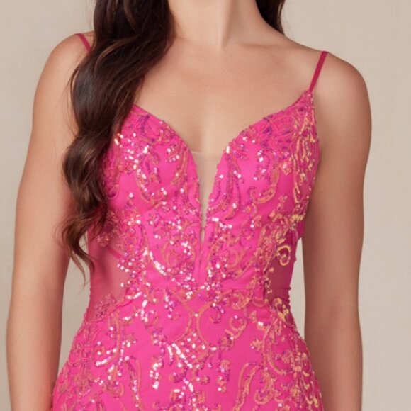 NEW FORMAL SLEEVELESS BODYCON MINI DRESS W/ ILLUSION V-NECK & SEQUINS NX D852 - Picture 5 of 9